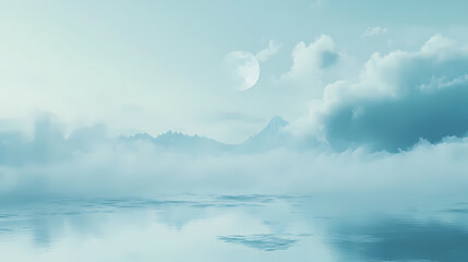 Obraz premium Soft blue vapor drifts across an empty, moonlit lake, dreamlike landscape, foggy night, abstract cloud. Moonlit Vapors. Illustration