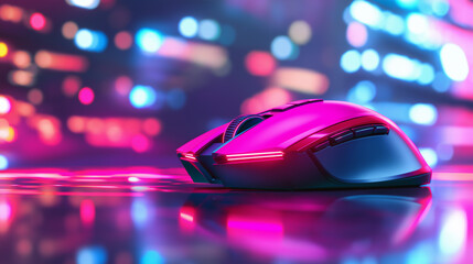 Futuristic gaming mouse with neon pink and blue LED lights on a reflective surface.