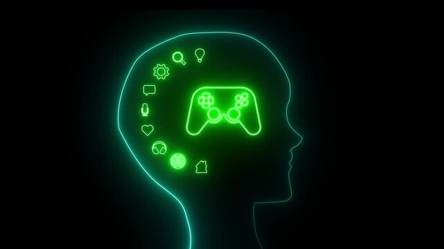 Human head with game controller icons. Wireless Game Controller. Glowing neon line Game pad icon isolated on black background. - Powered by Adobe