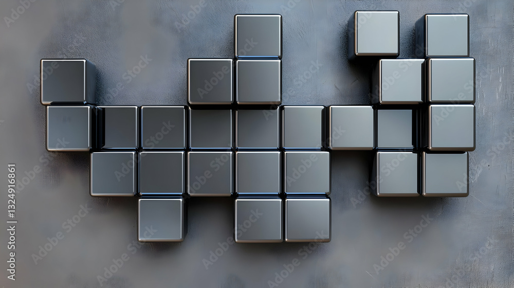 Poster metallic gray 3d cubes arranged in an abstract pattern on a textured gray surface with dramatic ligh