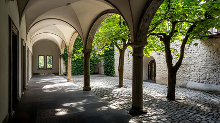 Obraz premium Stone Arched Courtyard with Green Trees and Sunlight in Italy