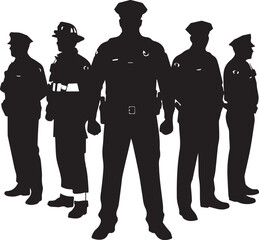 A United Front Of Brave First Responders Standing Strong Together, A Symbol Of Unwavering Service And Protection, Depicted In Bold Silhouette Against A Stark Isolated on Transparent Background
