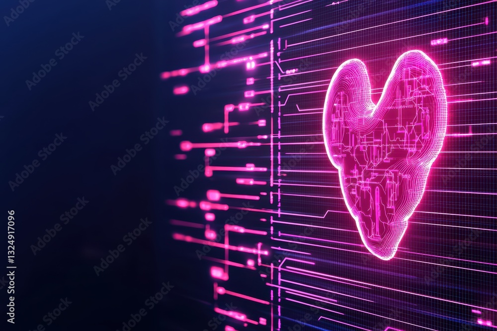 Poster advanced healthcare concept with neon heart and abstract digital interface background