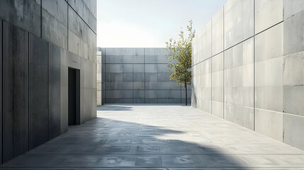 Fototapeta premium Modern Minimalist Concrete Courtyard With Solitary Tree And Geometric Shadows Under Bright Daylight