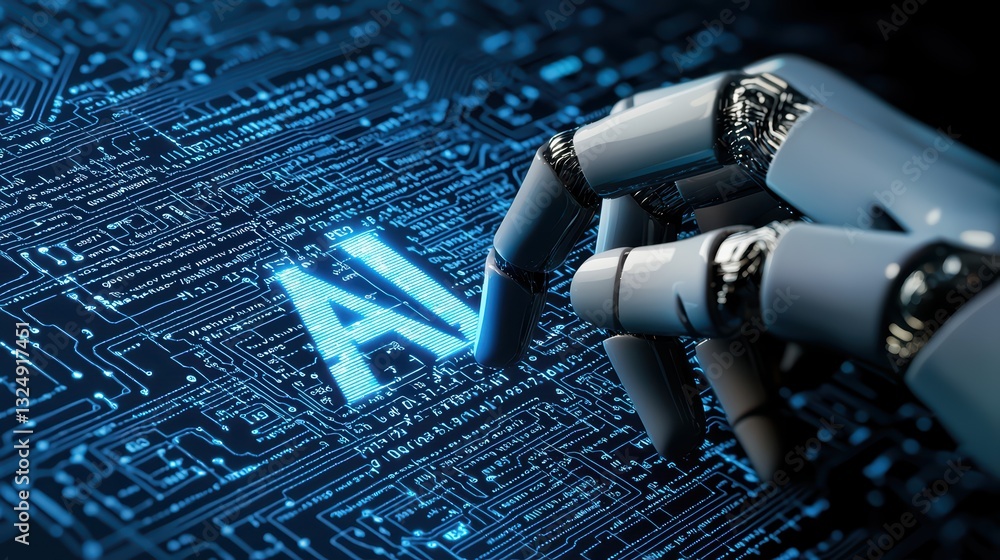Poster futuristic digital concept of artificial intelligence with robotic hand and circuit background