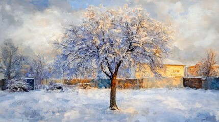 A snow covered tree stands in a winter landscape scene
