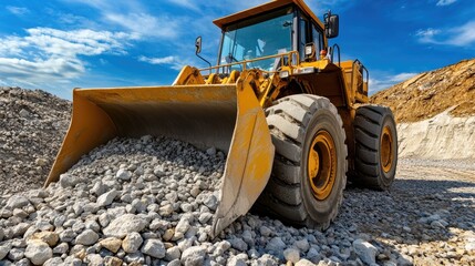 Fototapeta premium Enormous industrial wheel loader scooping up gravel from a quarry, its bucket fully loaded.