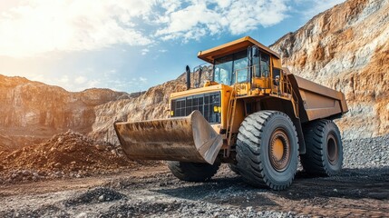 Obraz premium Enormous industrial wheel loader scooping up gravel from a quarry, its bucket fully loaded.