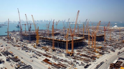 Expansive aerial view of an industrial construction site with cranes and machinery in action.
