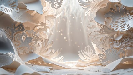 Paper art fantasy world with ivory, cream, and sparkling silver floral designs and bokeh lights.