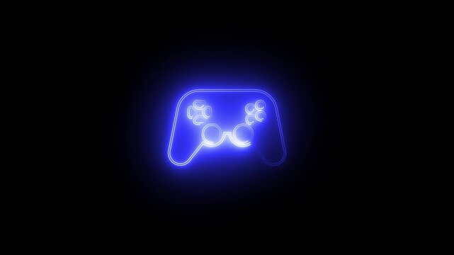 Game controller with many icons. Wireless Game Controller. Glowing neon line Game pad icon isolated on black background.