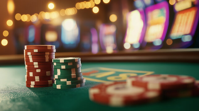 Stacks of red, blue, and green poker chips with playing cards on a casino table.