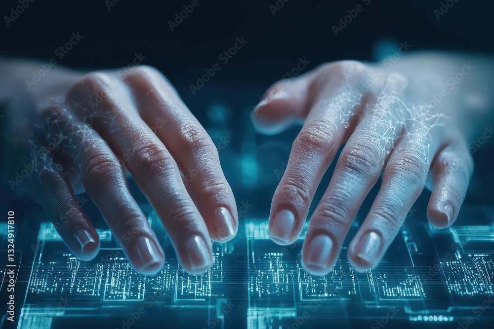 Aufkleber hands interacting with augmented reality concept in a mixed media environment