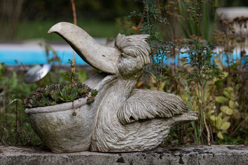 Decorative pelican planter with succulent plants in a garden setting during daylight