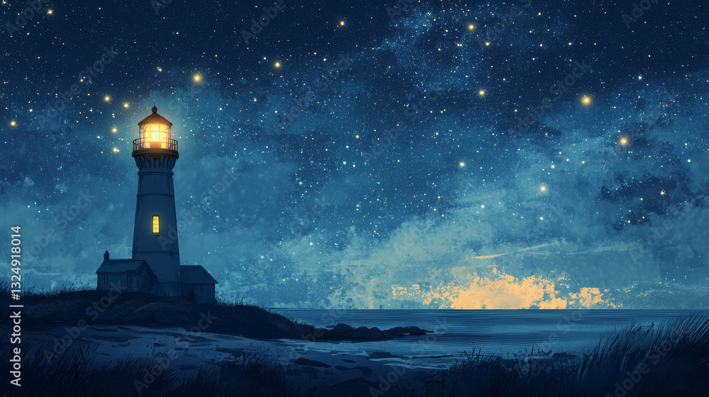 Poster abstract image of a lighthouse in the form of a starry sky or space, consisting of points, lines, an