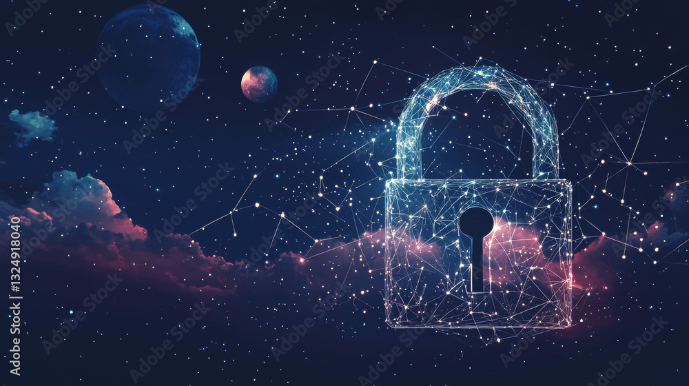 Poster abstract image of a lock in the form of a starry sky or space, consisting of points, lines, and shap