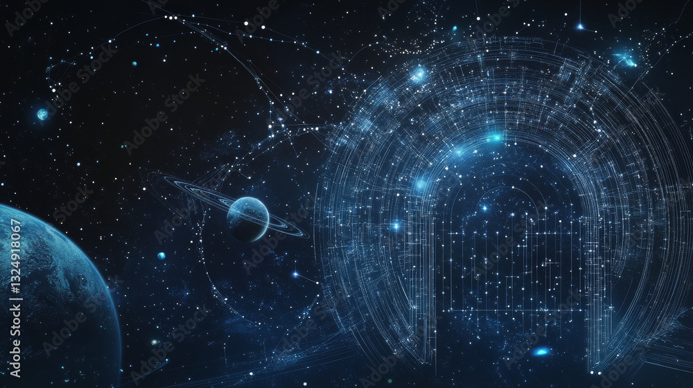 Poster abstract image of a lock in the form of a starry sky or space, consisting of points, lines, and shap