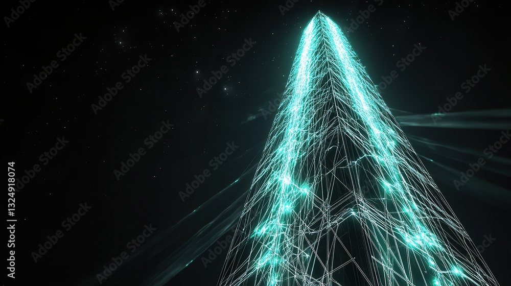 Poster a monolithic tower constructed entirely of glowing neural networks