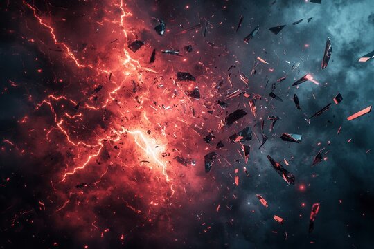Dramatic red and black abstract background with lightning bolts and shattered glass fragments creating an intense cinematic atmosphere