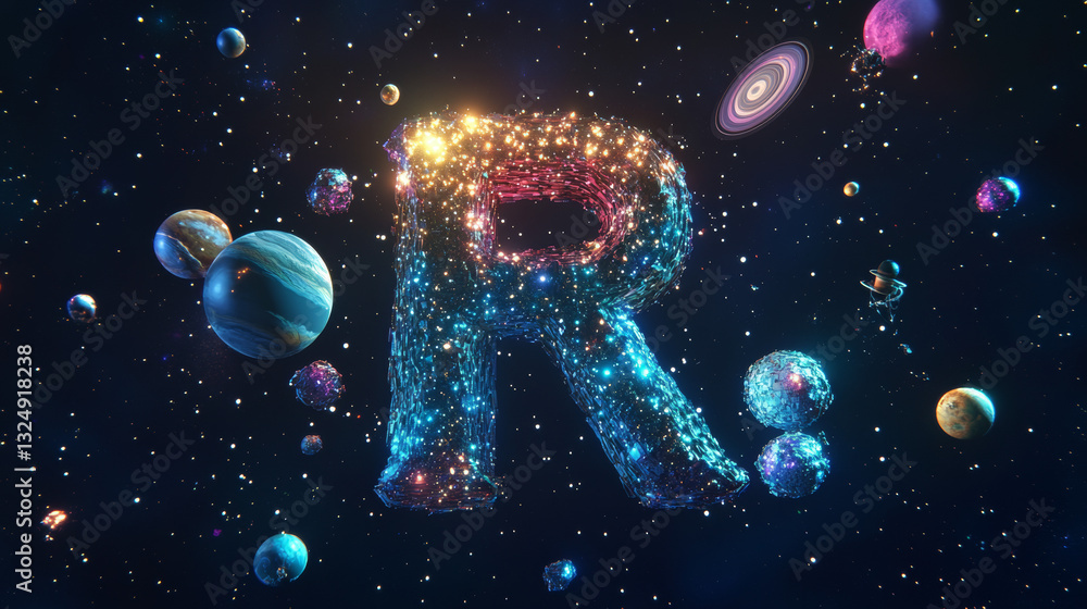 Poster abstract image of the letter r of a starry sky or space, consisting of points, lines, and shapes in 