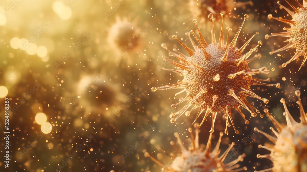 Poster microscopic view of virus particles, with spiky outer layers and a blurred background. represents vi