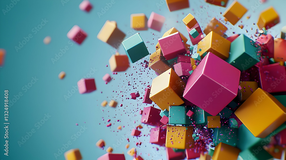 Poster exploding composition of colorful cubes against blue background