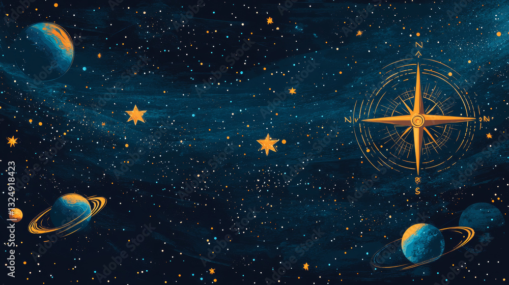 Poster abstract image of a compass rose in the form of a starry sky or space, consisting of points, lines, 