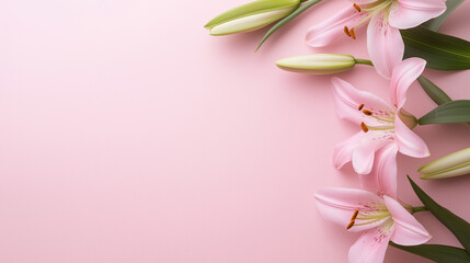 Soft pink lilies arranged on the right side of a pastel pink background with empty space for text.