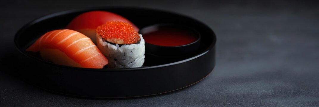 A beautifully arranged sushi platter showcasing salmon, sushi rolls with roe, and dipping sauce, perfect for sushi lovers or culinary enthusiasts looking for inspiration.
