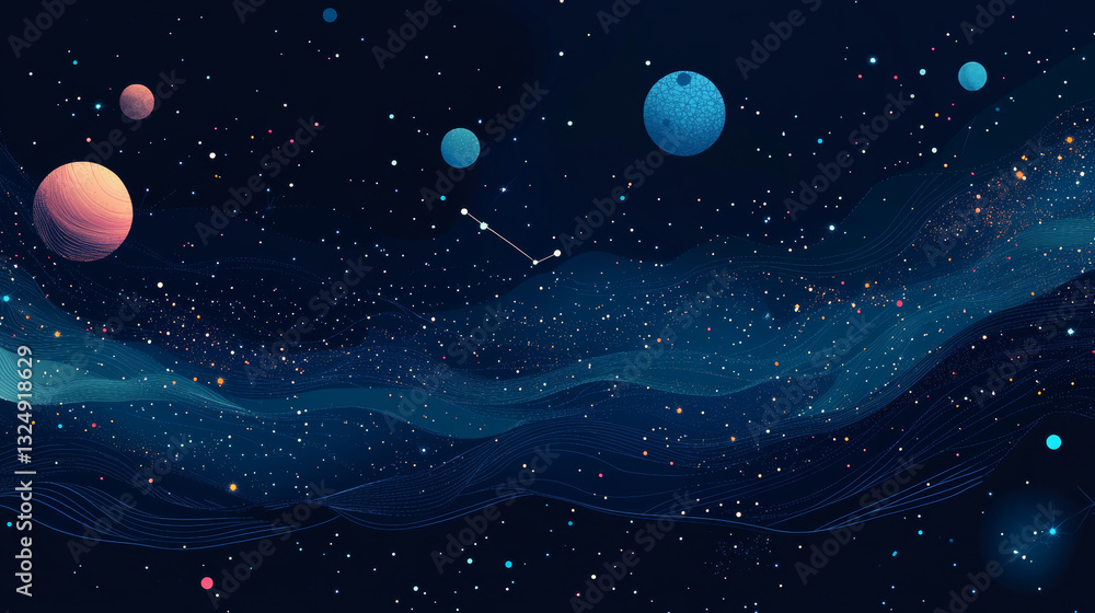 Poster abstract image of a recycling sign in the form of a starry sky or space, consisting of points, lines