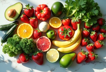 colorful flat lay arrangement fresh produce showcasing nutritional labels variety fruits vegetables bright surface, rainbow, lgbtq, lgbt, pride, love, equality