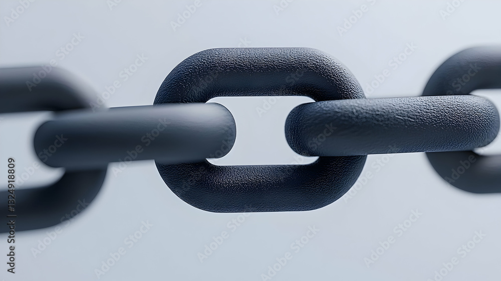 Poster close up of black metallic chain links against white and grey background representing strength and s