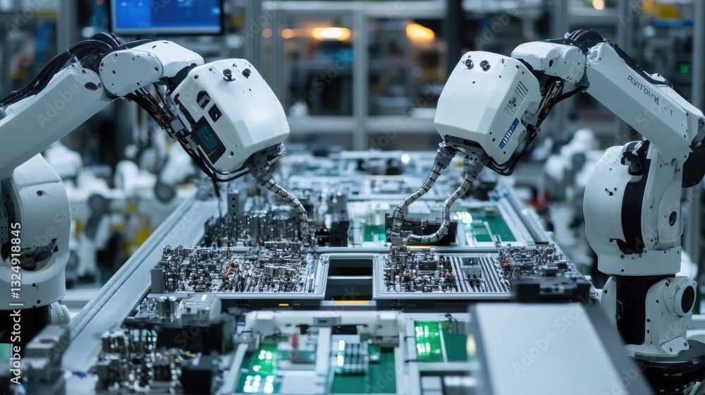 Poster futuristic smart factory featuring robotic arms sorting and assembling mechanical parts.