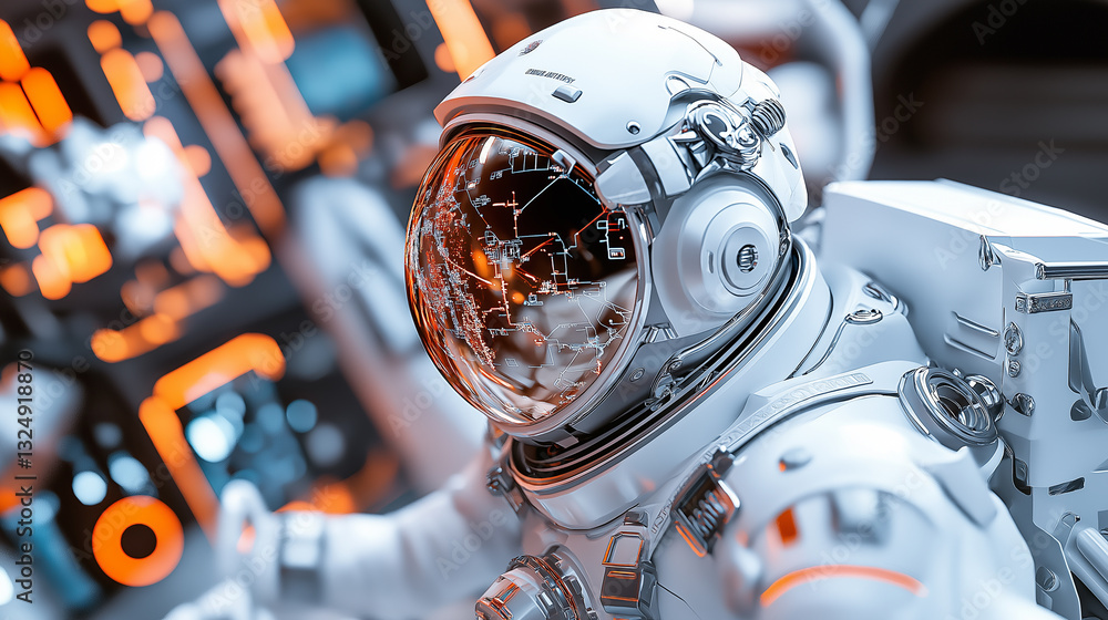 Poster astronaut in a high-tech spaceship cockpit analyzing data on futuristic digital screens.