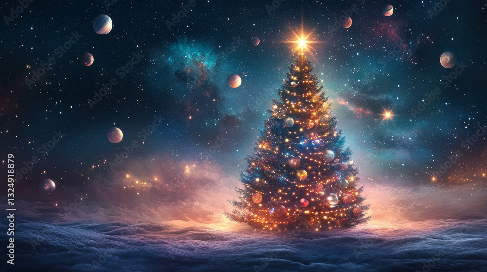 Poster abstract image of a christmas tree in the form of a starry sky or space, consisting of points, lines