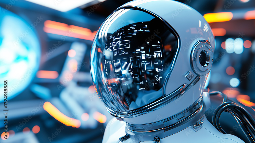 Poster astronaut in a high-tech spaceship cockpit analyzing data on futuristic digital screens.