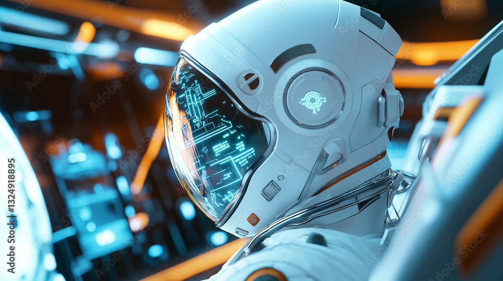 Poster astronaut in a high-tech spaceship cockpit analyzing data on futuristic digital screens.