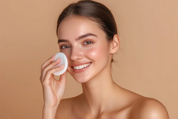 Beautiful young woman with cotton pad removing makeup. Skin care. Studio portrait of girl cleaning her face with cotton pad, isolated beige background. Face toner and cotton pad. 