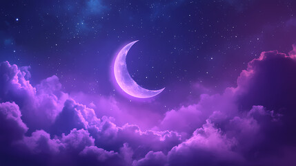 A luminous crescent moon surrounded by soft purple clouds at night. Moonlit Vapors. Illustration