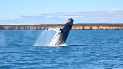 Fototapeta premium Humpback Whale Breaching Ocean Surface