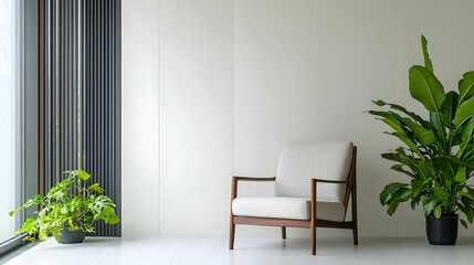 Bright Minimalist Interior Design With Armchair and Potted Plants in Living Room with Terrazzo Floors and Natural Light