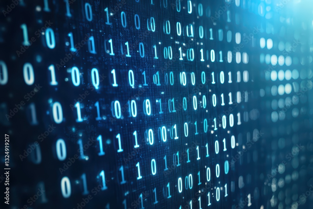 Poster close-up of glowing binary code in cyber technology concept for digital backgrounds