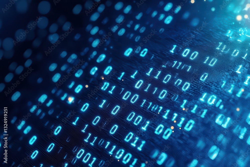 Poster glowing binary code on digital background representing cyber technology concept