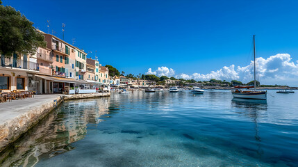 Fototapeta premium Picturesque Mediterranean Coastal Town with Turquoise Water and Sailboats on a Sunny Day in Mallorca