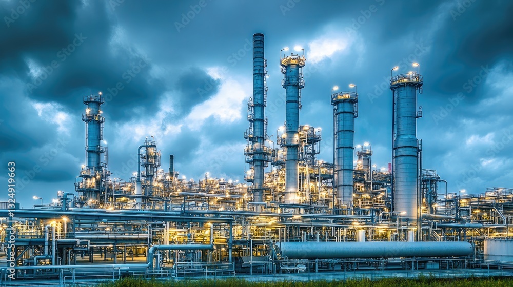 Poster gigantic oil refinery with towering distillation columns and intricate piping system under a moody c