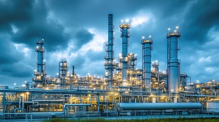 Gigantic oil refinery with towering distillation columns and intricate piping system under a moody cloudy sky.