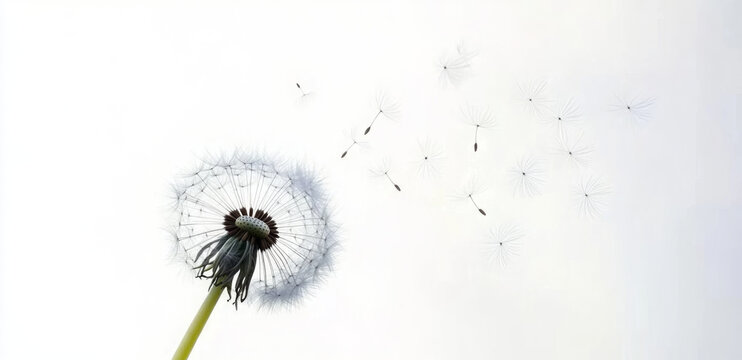 Dandelion with flying seeds on white background. Flower hope, comfort. Represents condolence card, grief, loss, funerals, support, remembrance, solace. Single dandelion evokes sympathy, healing