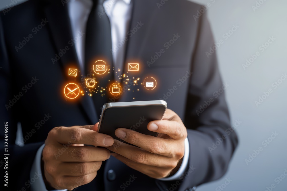 Aufkleber close-up of businessman using smartphone with digital communication icons floating above