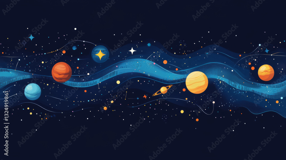 Poster abstract image of a measuring tape in the form of a starry sky or space, consisting of points, lines