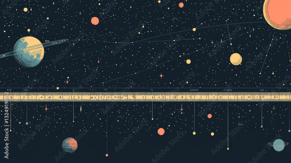 Poster abstract image of a measuring tape in the form of a starry sky or space, consisting of points, lines